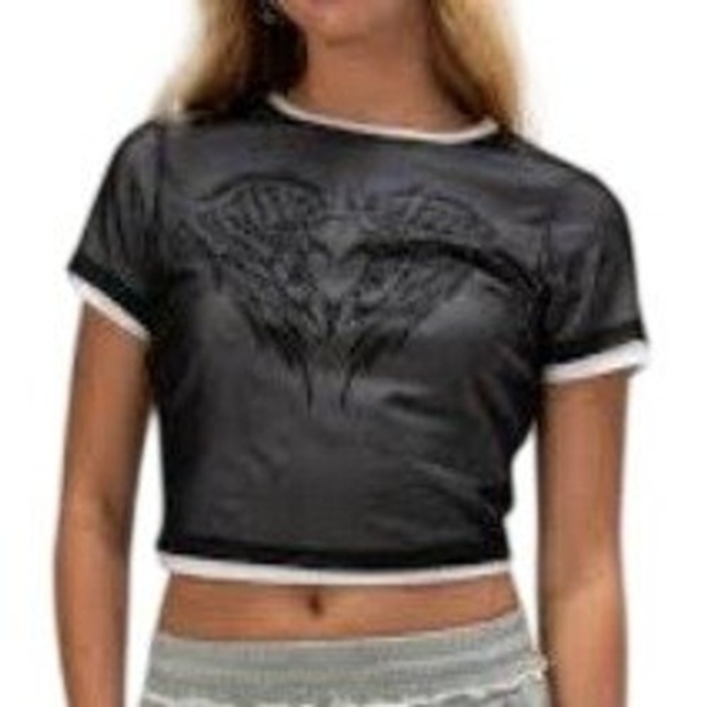 New With Tags! True Religion Black Layered Mesh Cropped Angel Wing Tee Size S